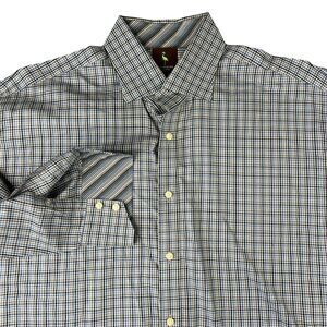 Tailorbyrd Mens Button Up Shirt Size 2XL XXL Blue‎ Tan Plaid Check Flip Cuff